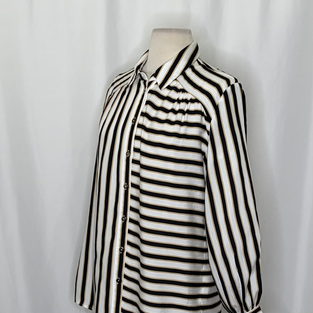 Anthropologie MAEVE Silky Striped Buttondown Black White Tan Button Down Small