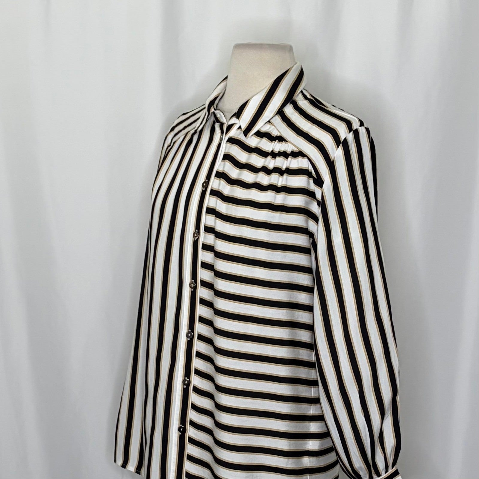 Anthropologie MAEVE Silky Striped Buttondown Black White Tan Button Down Small