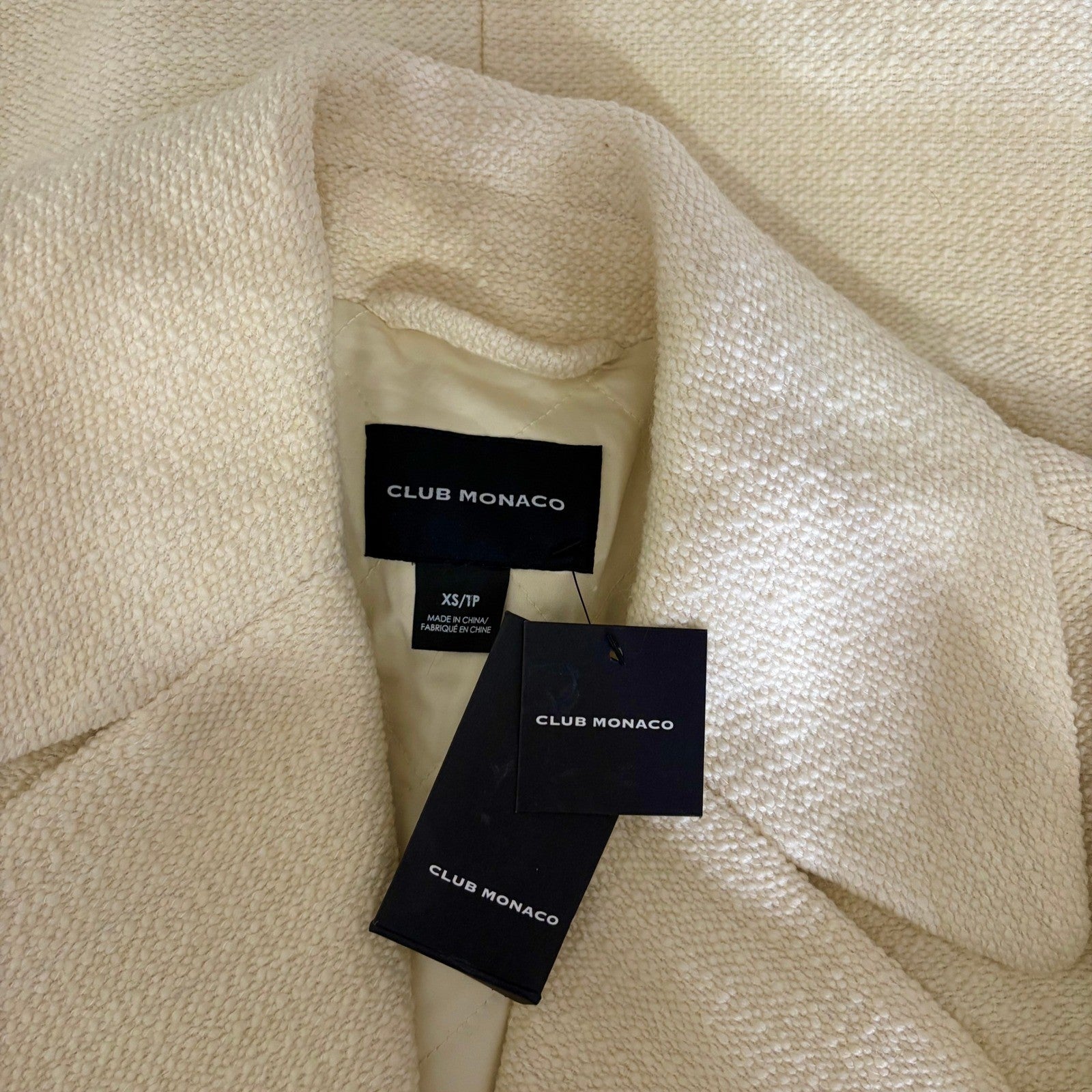 NWT!! CLUB MONACO Quilted Boucle Long Coat Manteaux White Ivory Solid X-Small