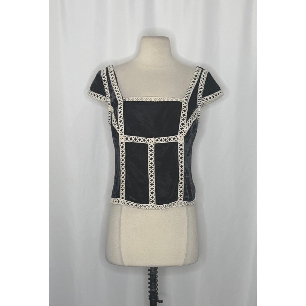 NWT!! FREE PEOPLE Tyler Velvet Corset Top Black Cream Embroidered Bohemian Small