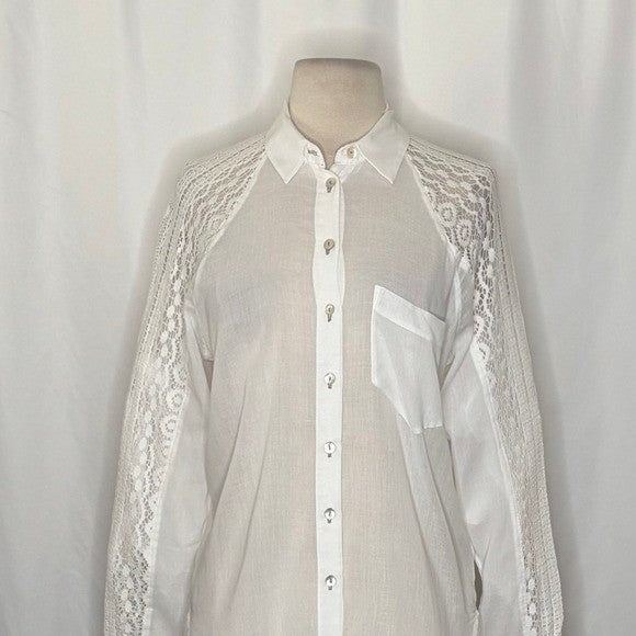 Anthropologie HOLDING HORSES White Lace Sleeve Buttondown Shirt Top Lacey Small