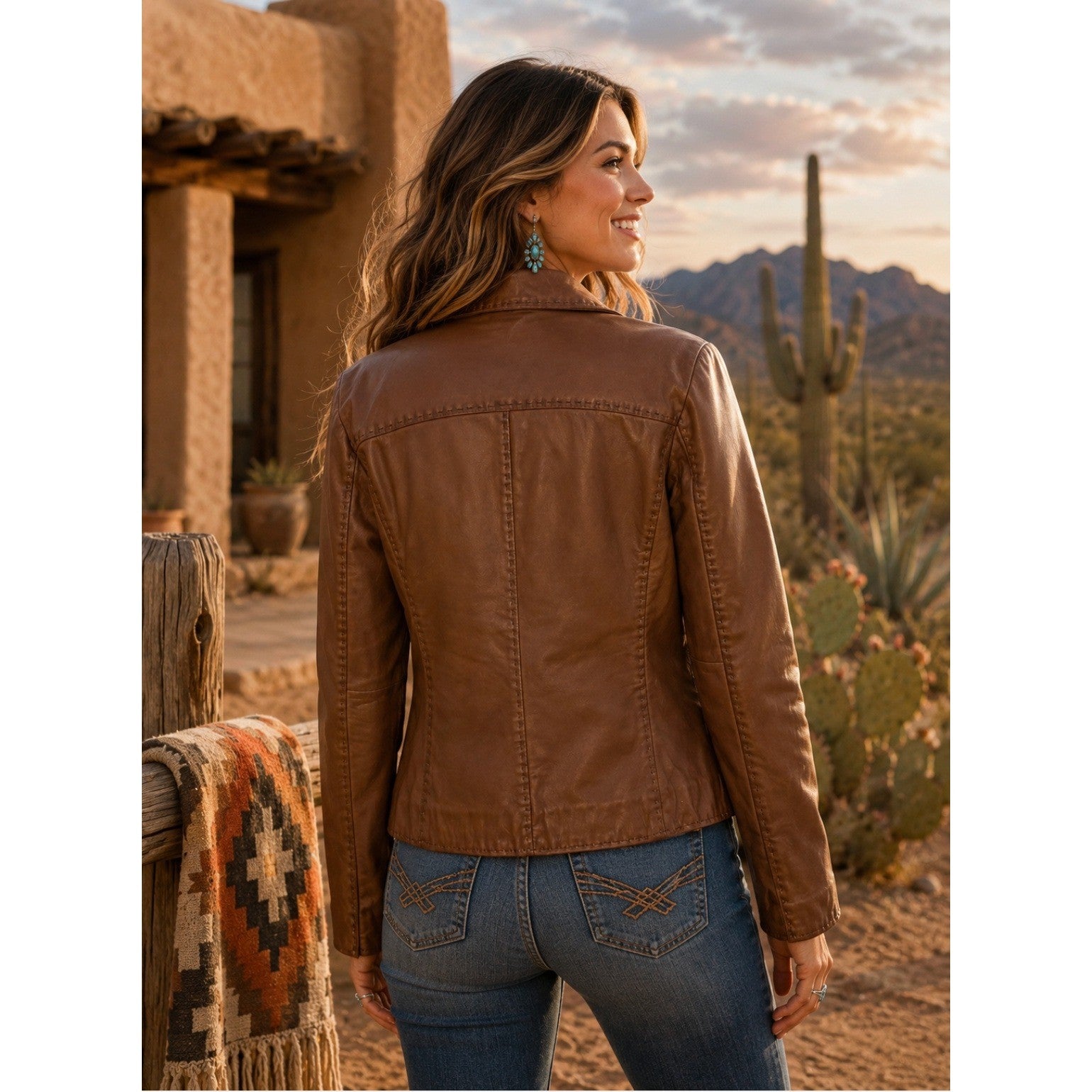 SUNDANCE McKenna Leather Blazer Jacket Honey Brown Floral Lining Boho Medium