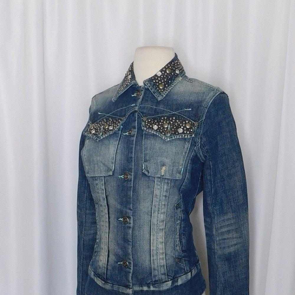 PARASUCO Embellished Distressed Denim Jacket Rhinestones Studded Pockets X-Small