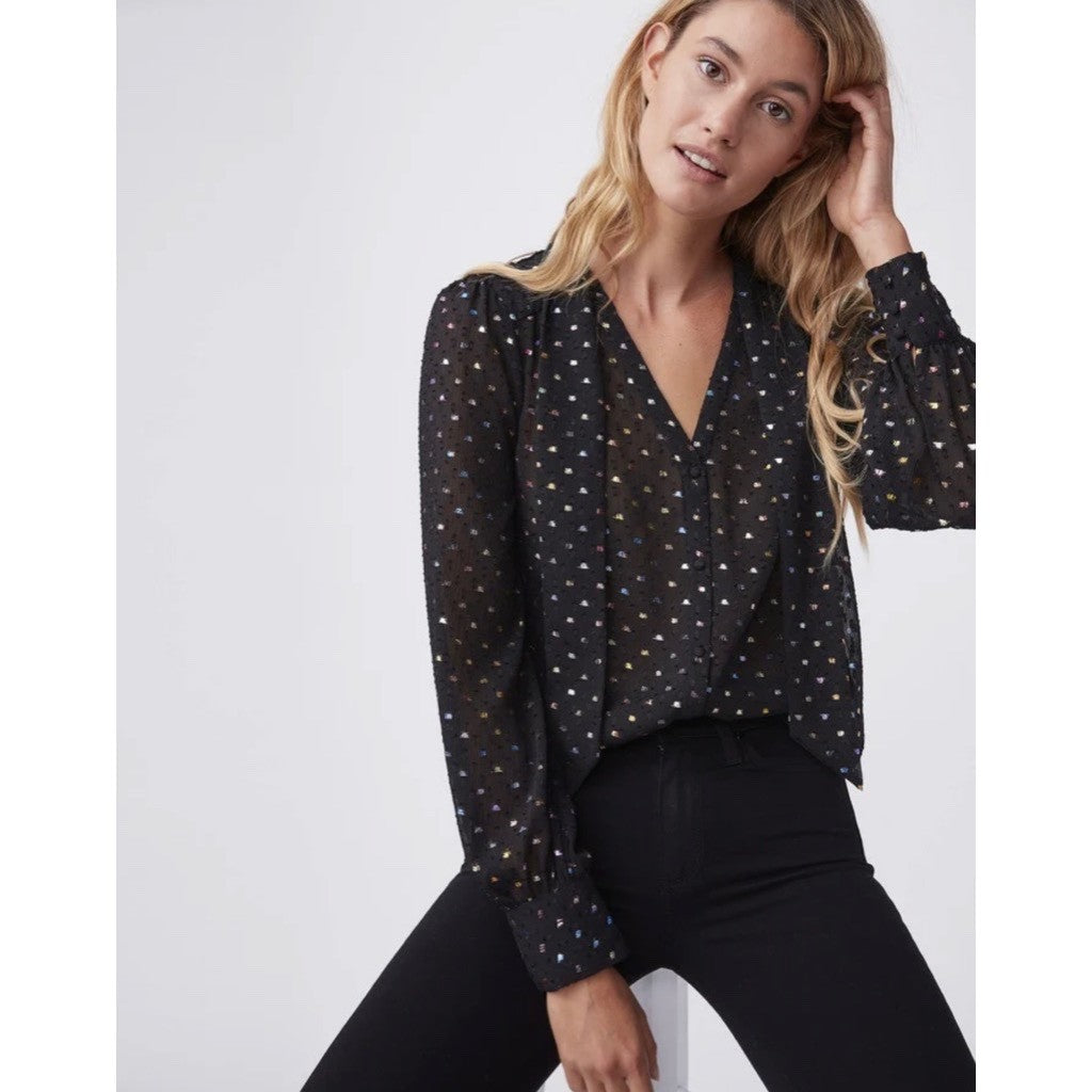 NWT!! PAIGE Cleobelle Black Metallic Tie Neck Top Blouse Rainbow Clip Dot XS