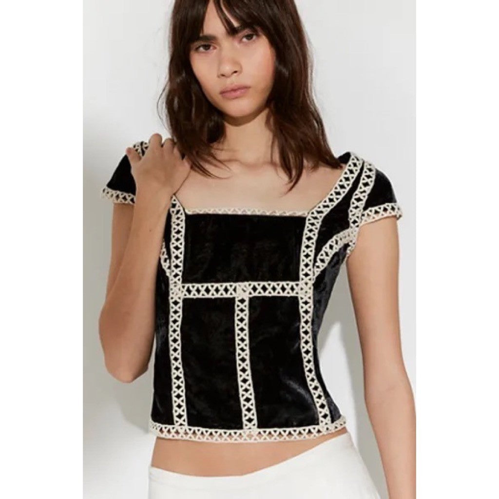 NWT!! FREE PEOPLE Tyler Velvet Corset Top Black Cream Embroidered Bohemian Large