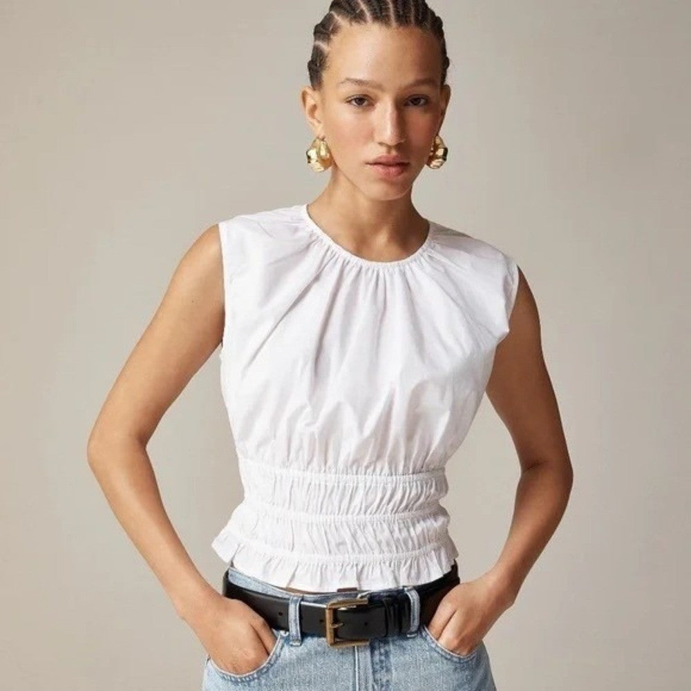 NEW!! J. CREW Hyacinth Smocked Top Blouse Cotton Poplin Solid White Preppy Large