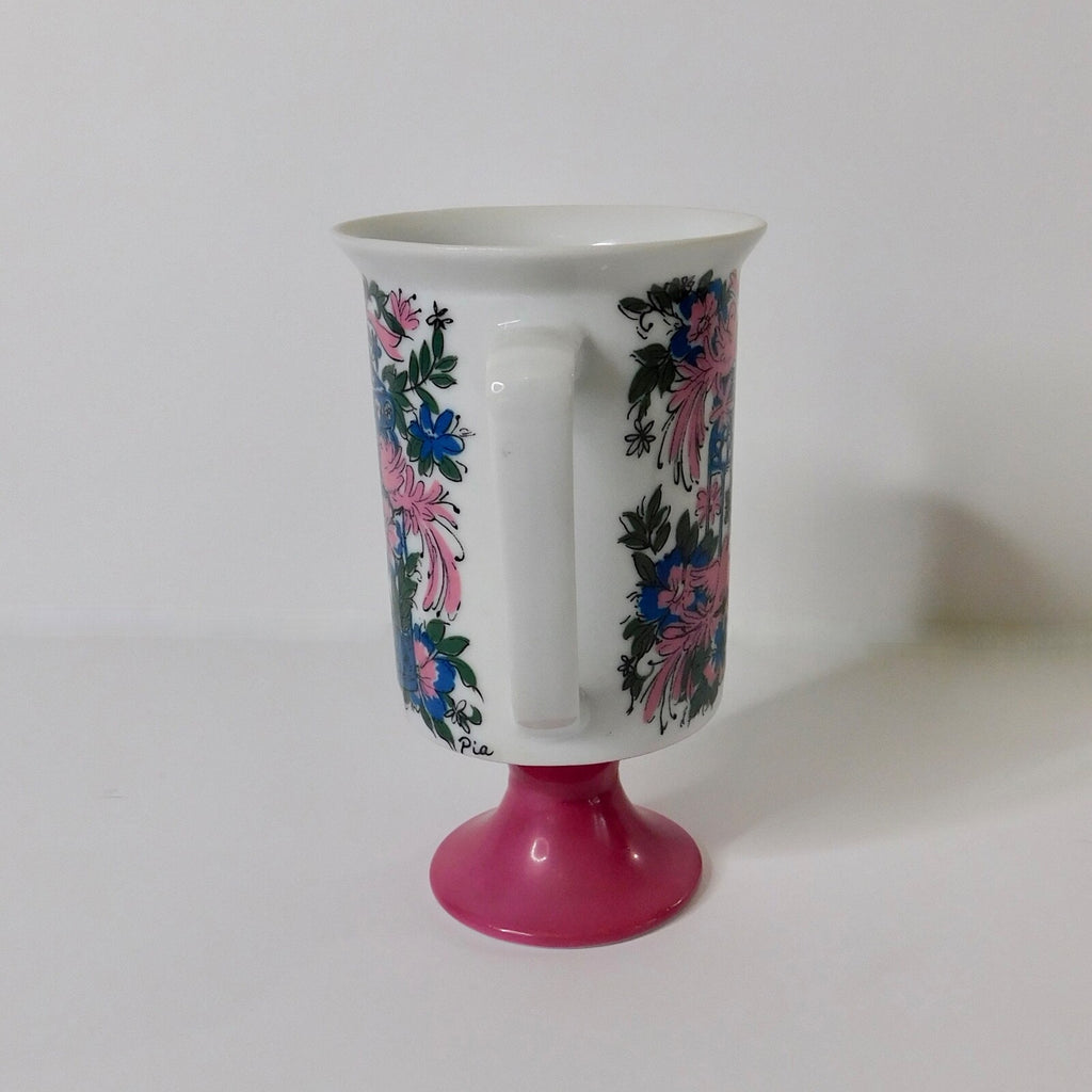 Vintage ARNART 5th Ave Birds Floral Footed Pedestal Mug Coffee Tea Pink White