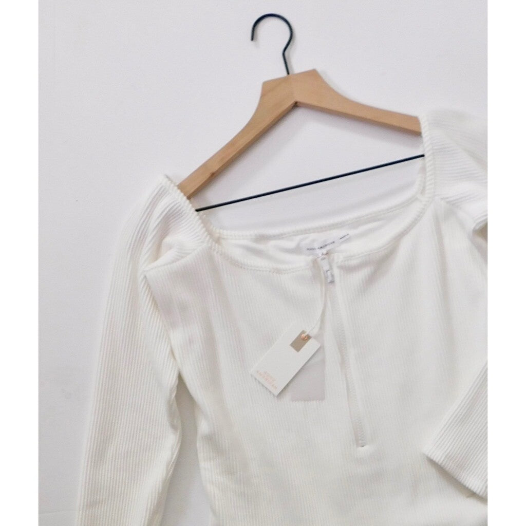 NWT!! GOOD AMERICAN Half Zip Off Shoulder White Ribbed Thong Bodysuit 4 X-Large
