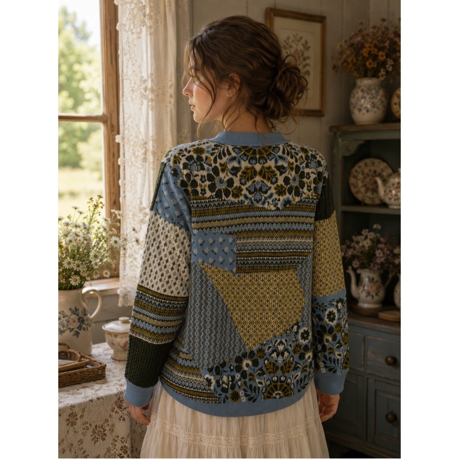 APPLESEED'S Patchwork Cardigan Sweater Floral Fairisle Fair Isle Geometric Large