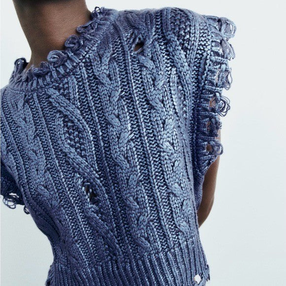 ZARA Metallic Blue Cropped Sweater Cableknit Distressed Cable Knit Crop Small