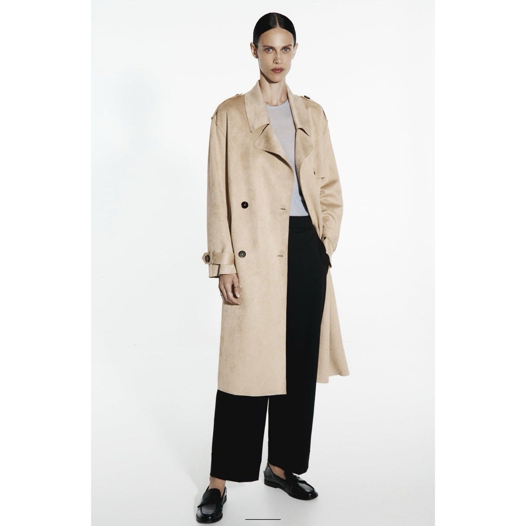 ZARA Faux Suede Trench Coat Belted Jacket Solid Tan Brown Pockets Outdoors Large