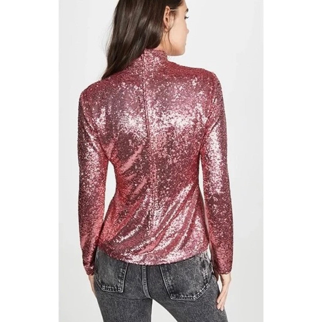 CINQ A SEPT Joan Sequin Top Blouse Rosewood Pink Mock Neck Sequinned X-Small
