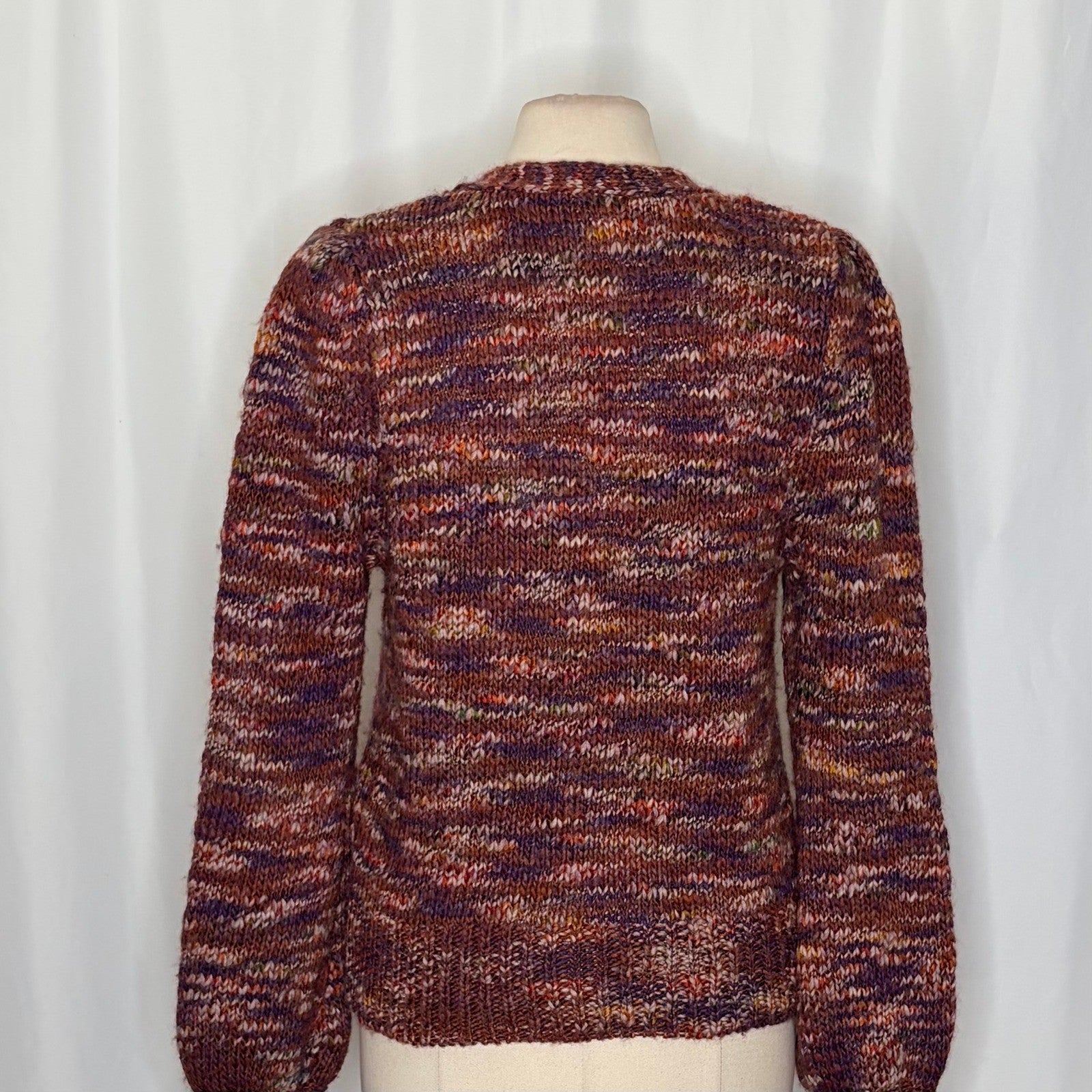 VERONICA BEARD Amosa Wool Cardigan Sweater Marled Puff Sleeves Burgundy Large