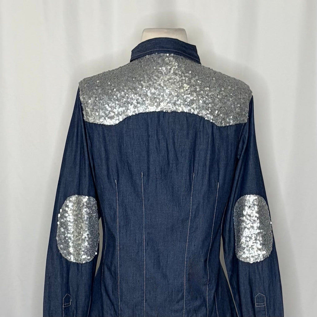TASHA POLUZZI Roxy Denim Sequin Embellished Snap Front Shirt Western Rodeo Small