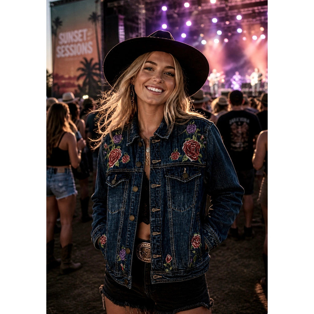 BLANK NYC Floral Embroidered Denim Jean Jacket Distressed Pockets Buttons Medium