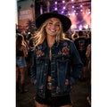 BLANK NYC Floral Embroidered Denim Jean Jacket Distressed Pockets Buttons Medium