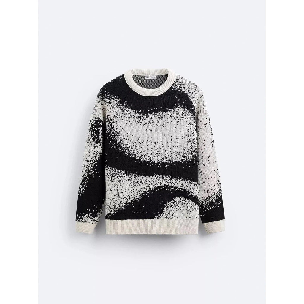 Men's ZARA Pixelated Jacquard Sweater Crewneck Crew Pullover Knit Black Medium
