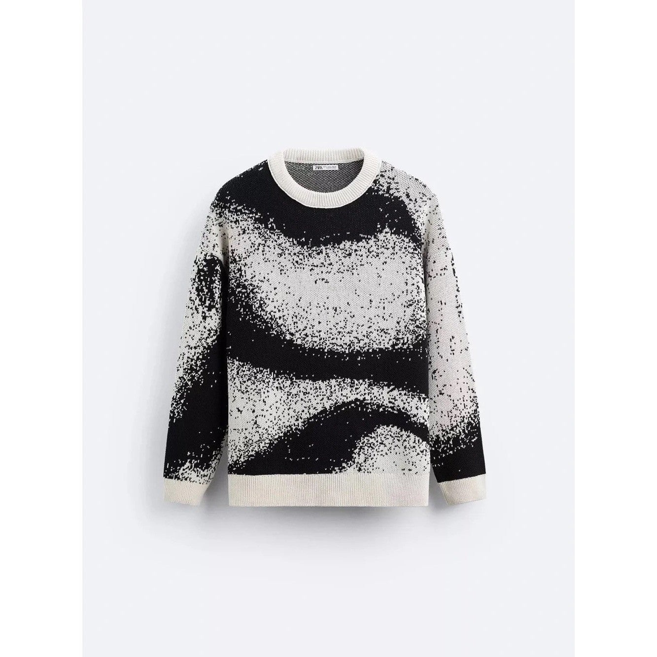 Men's ZARA Pixelated Jacquard Sweater Crewneck Crew Pullover Knit Black Medium