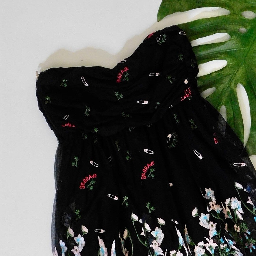 PATRIZIA PEPE Embroidered Tulle Top Strapless Floral Punk Size 40 US 4
