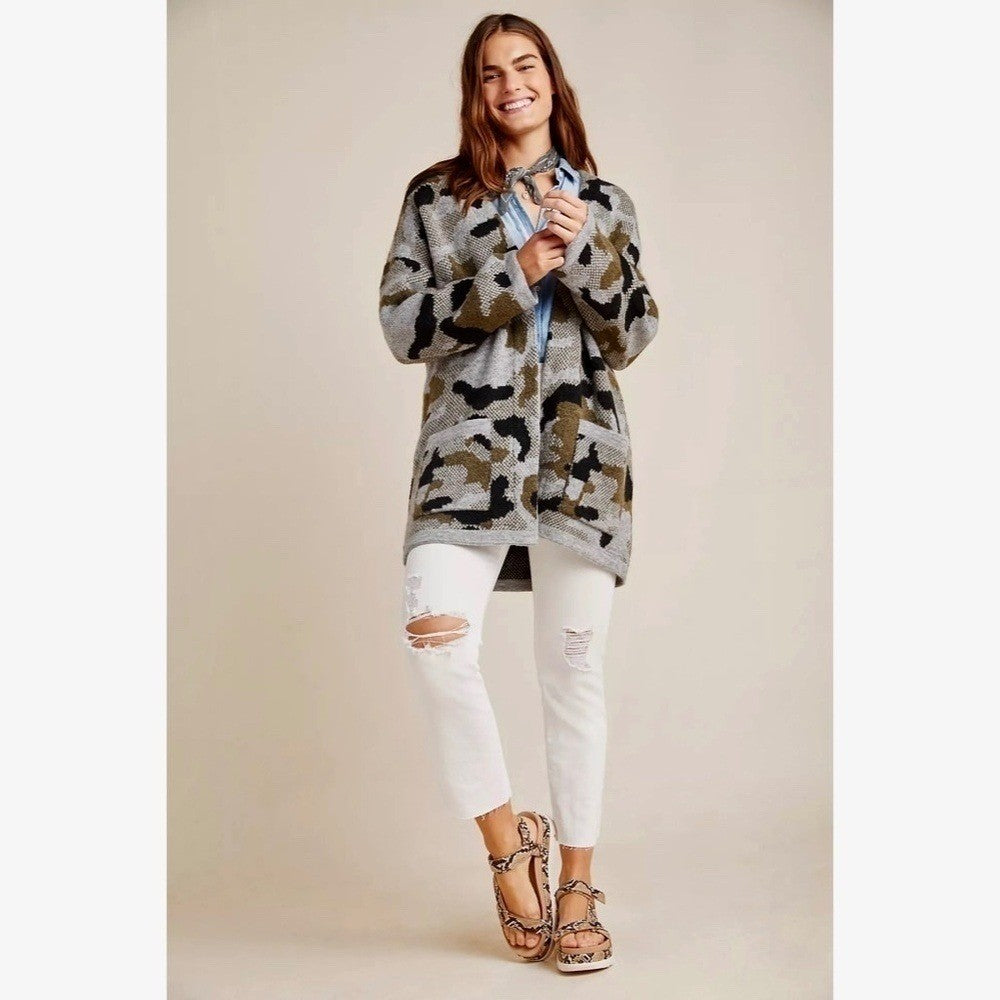ANTHROPOLOGIE Vero Camo Cardigan Sweater Camouflage Pockets Gorpcore X-Small