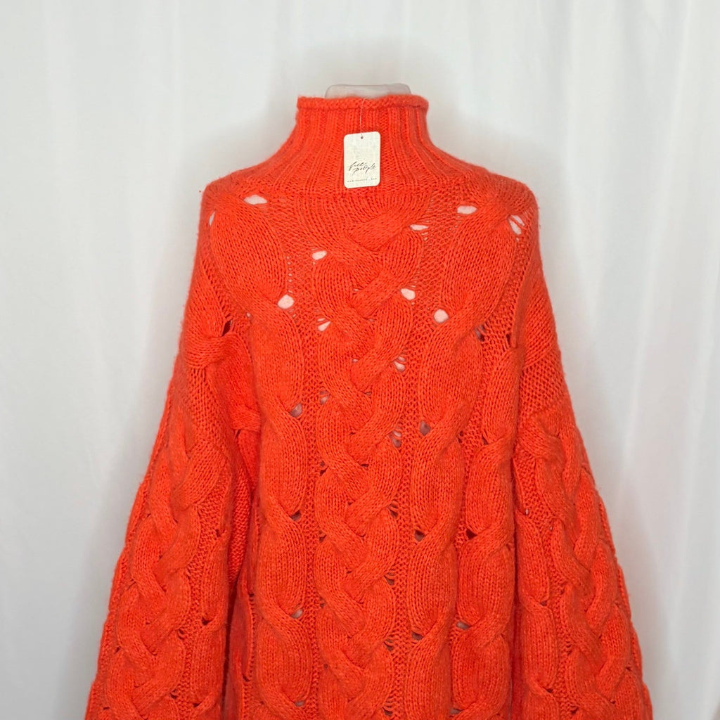 NWT!! FREE PEOPLE Clementine SoftSpun Cable Knit Pullover Solid Orange Large