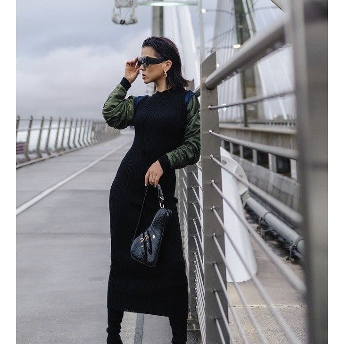 NWT!! ZARA Contrast Nylon Midi Dress Ribbed Knit Olive Green Black Blue Large