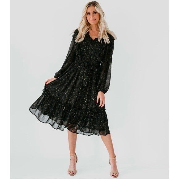 BY THE RIVER Chiffon Midi Dress Ruffled Black Gold Stars Party Glam Star Small
