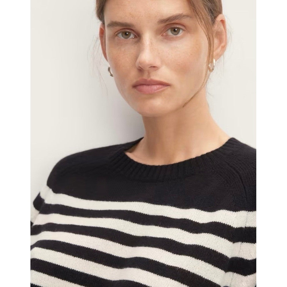 EVERLANE The Boxy Crew in Cashmere Black White Striped Pullover Sweater Small
