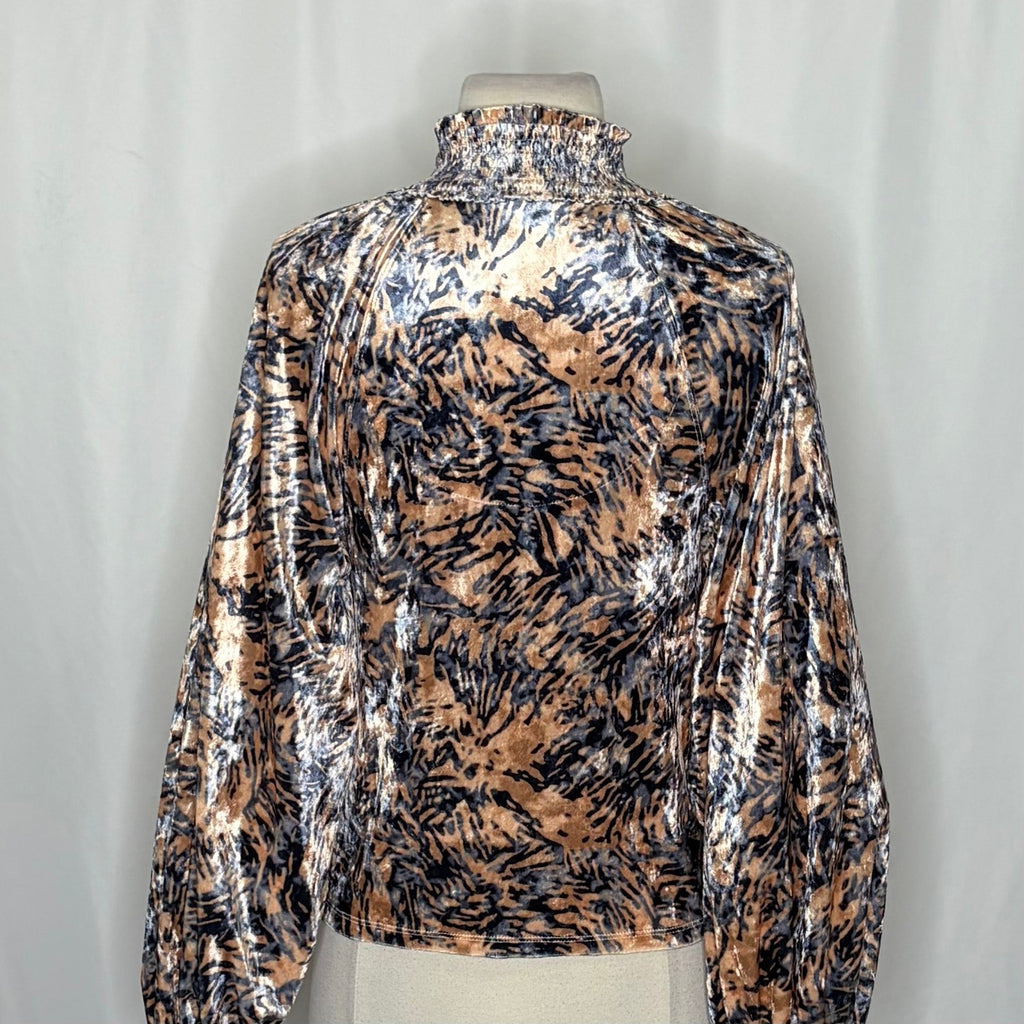 FREE PEOPLE Smocked Crushed Velvet Top Blouse Go Get 'Em Tiger Animal Small