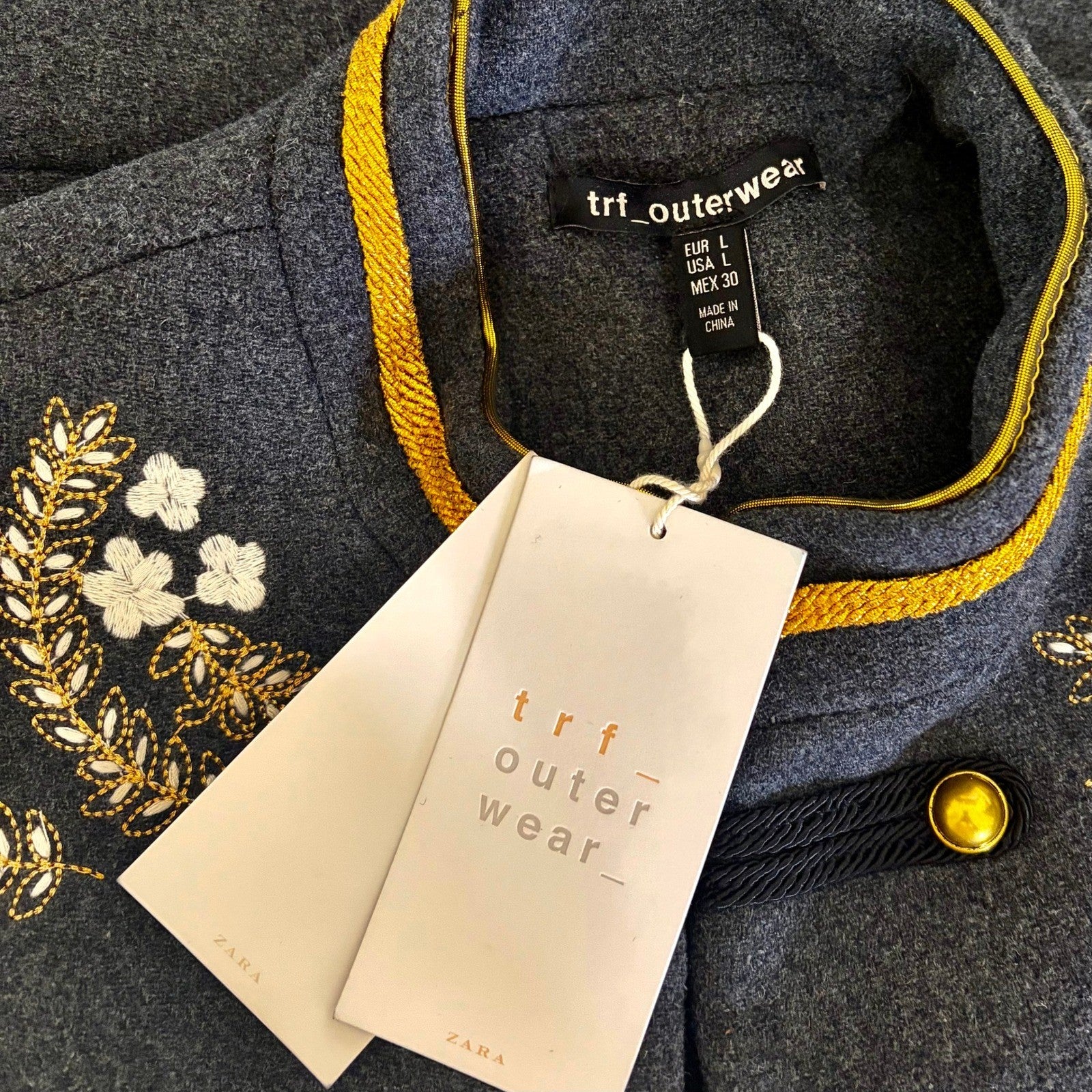 NWT!! ZARA Embroidered Military Jacket Charcoal Gray Gold Braid Buttons Large