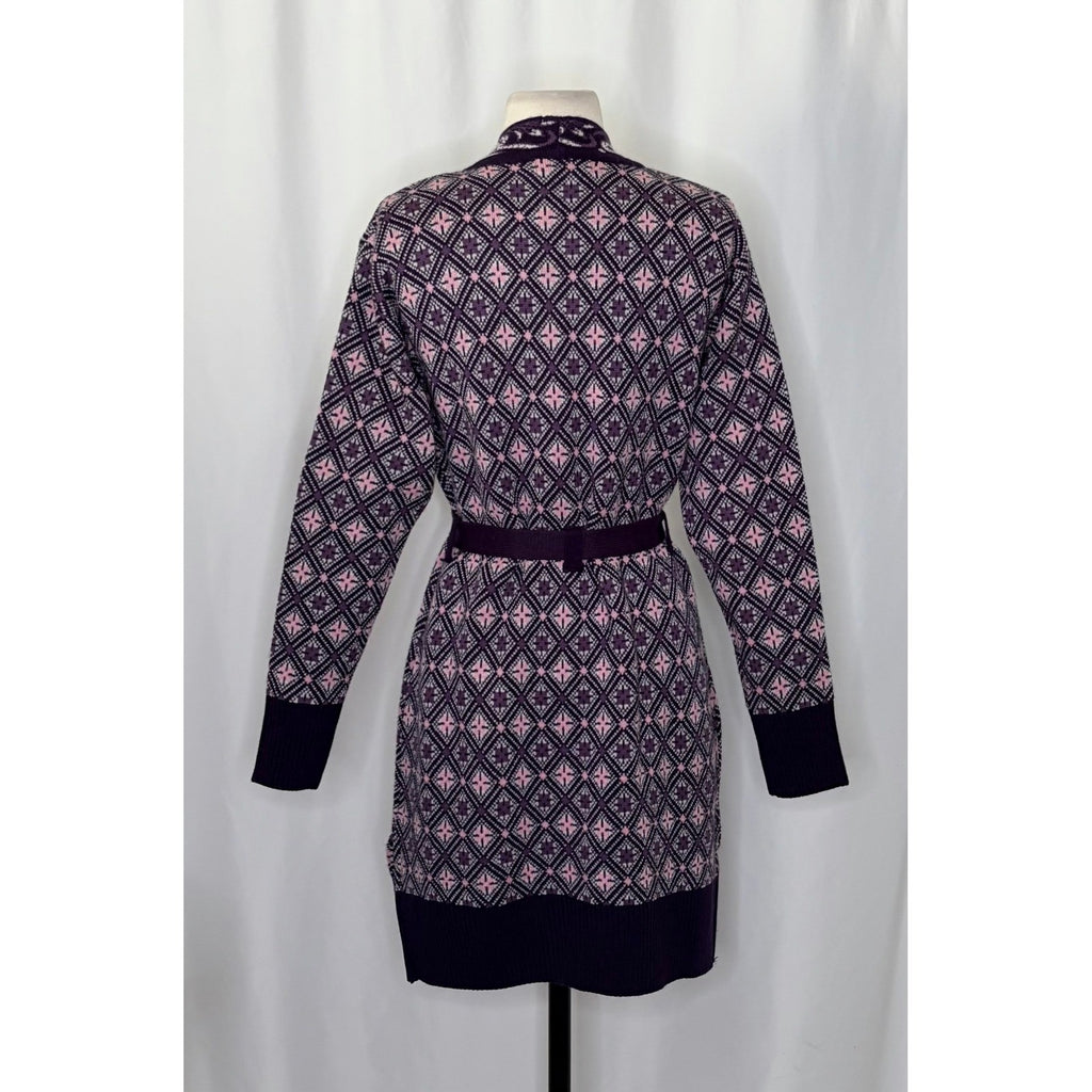 COSY WOOL by Elson Purple Geometric Cardigan Sweater Belted Tie Waist Size 38