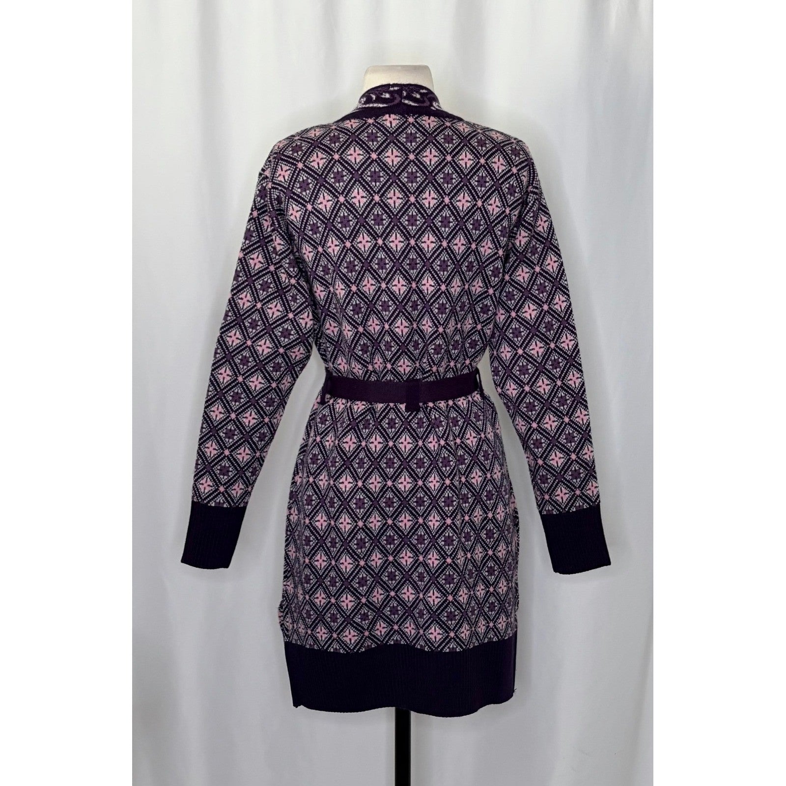 COSY WOOL by Elson Purple Geometric Cardigan Sweater Belted Tie Waist Size 38