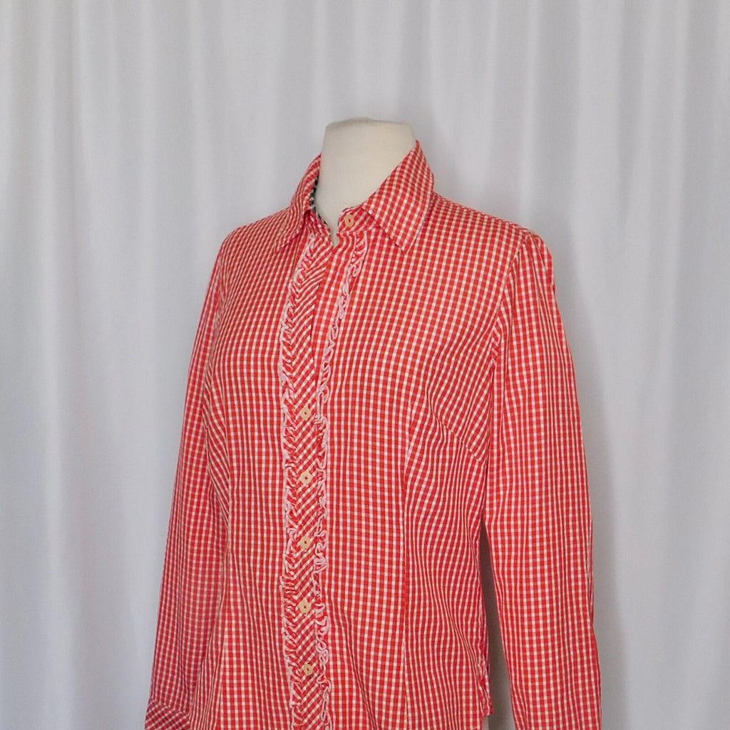 LILLY PULITZER Red White Blue Gingham Plaid Ruffled Buttondown Top Blouse Size 6
