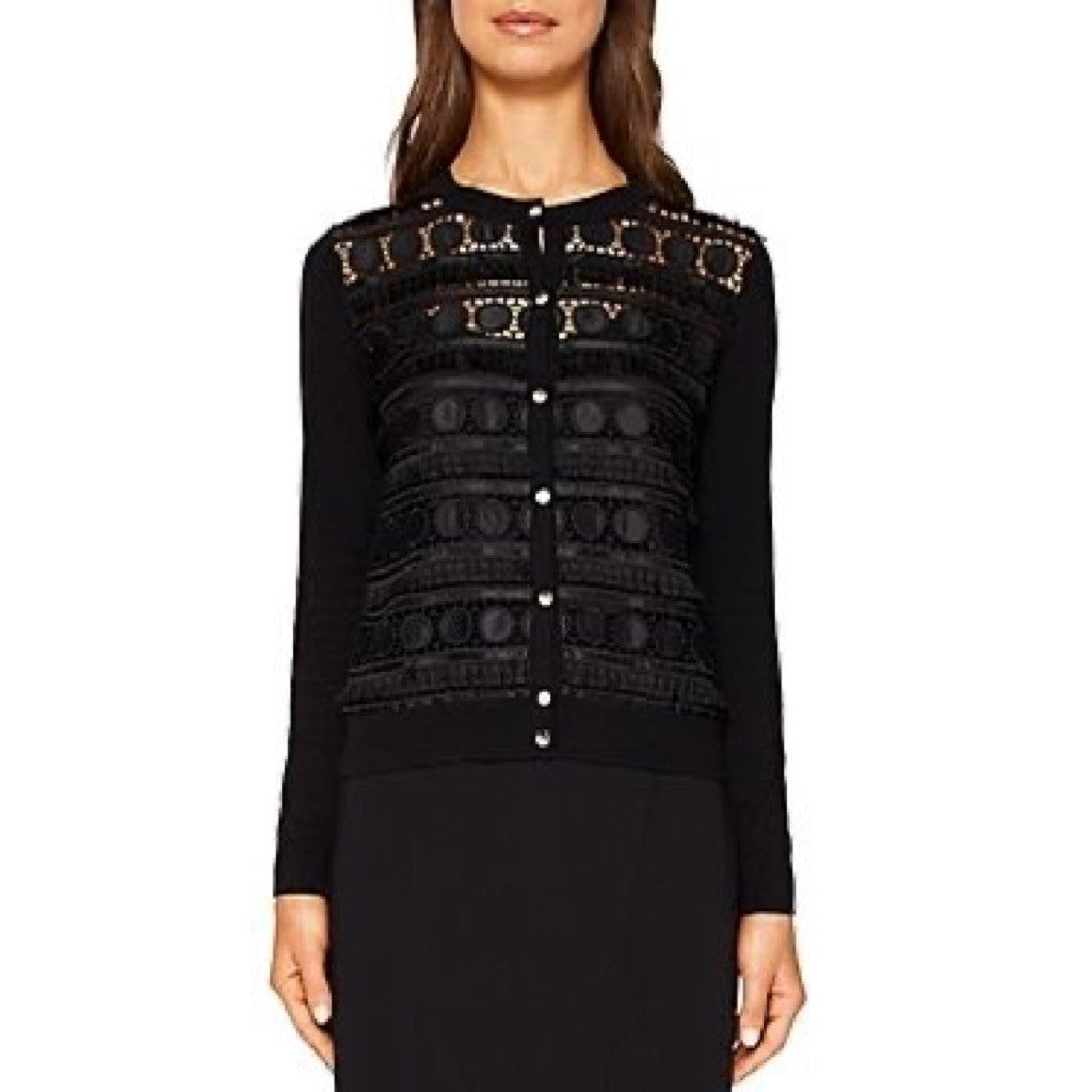NWT!! TED BAKER London Ellenii Circle Fringe Lace Knit Cardigan Black Size 5 XL