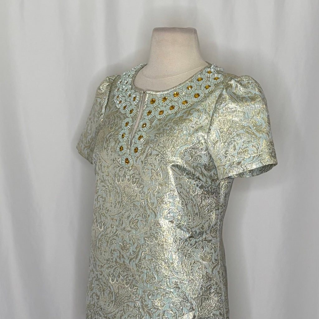 TORY BURCH Lola Top Blouse Aqua Glass Embellished Silk Brocade Floral Size 4