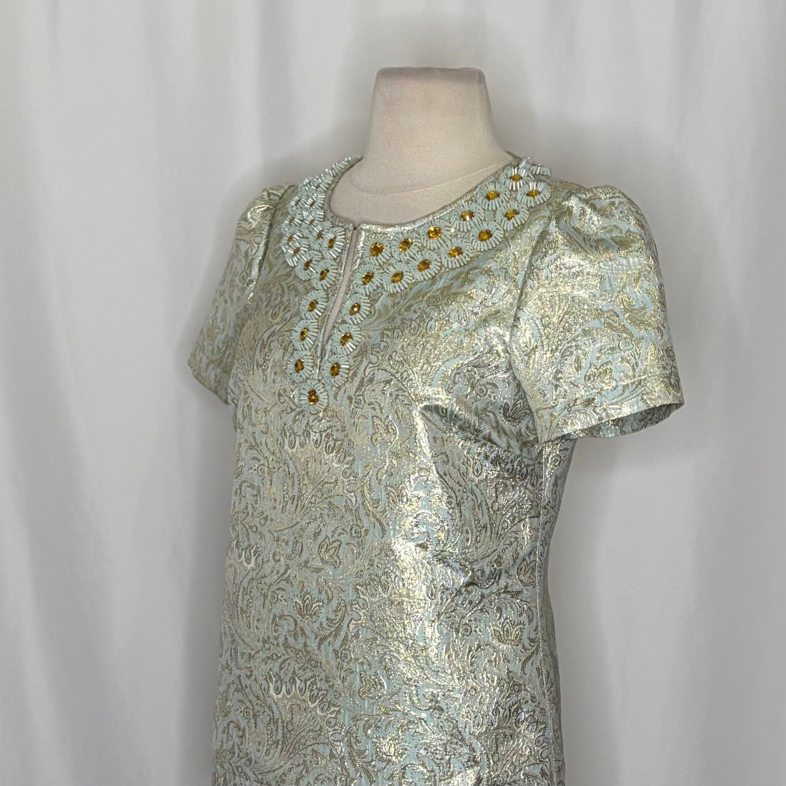TORY BURCH Lola Top Blouse Aqua Glass Embellished Silk Brocade Floral Size 4