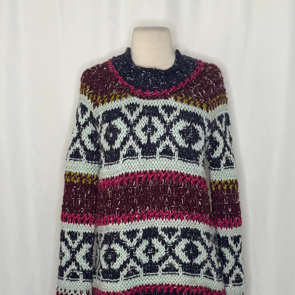 FREE PEOPLE Silver Reed Chunky Knit Fairisle Fair Isle Sweater Wool Linen Small