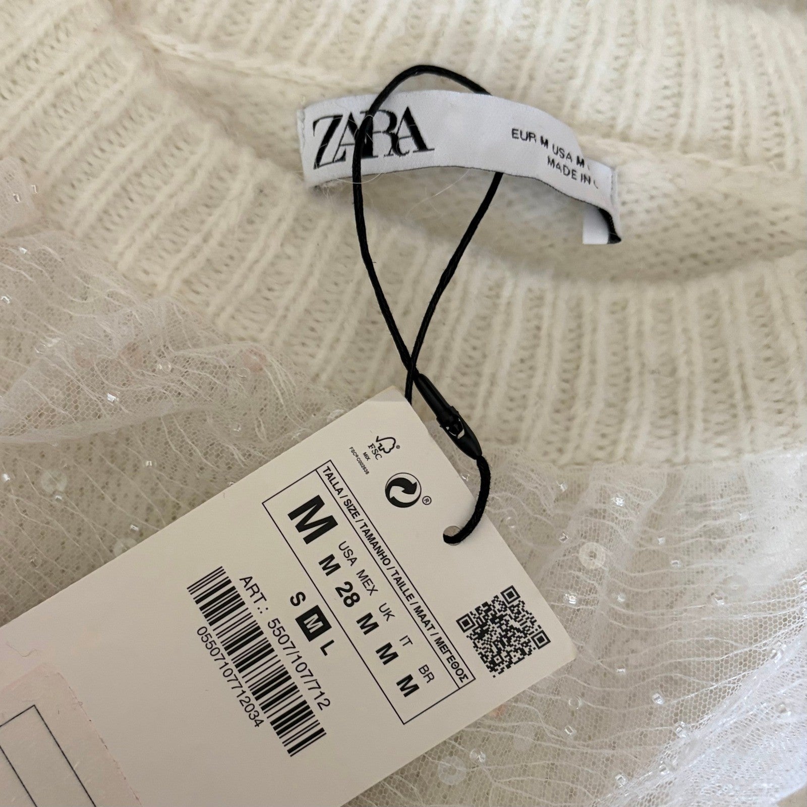 NWT!! ZARA Chic Tulle Ruffled Sequins Knit Sweater Off White Pullover Medium