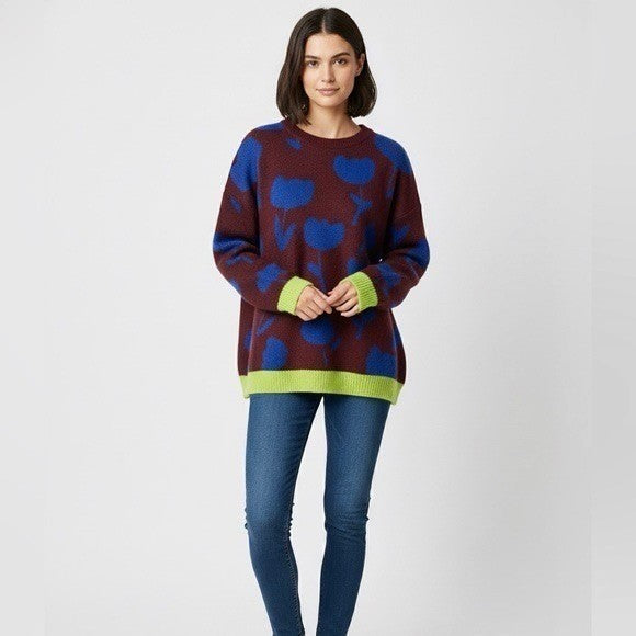 SCOTCH & SODA Crewneck Tulip Intarsia Pullover Sweater Burgundy Blue Large