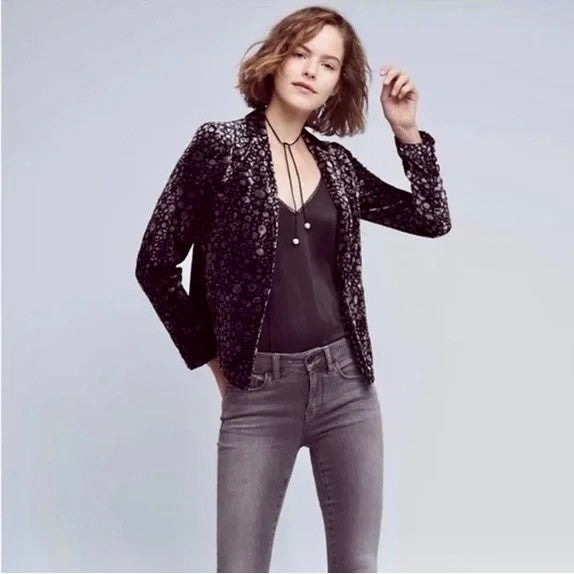Anthropologie ELEVENSES Lumi Velvet Blazer Jacket Floral Black Silver Size 2