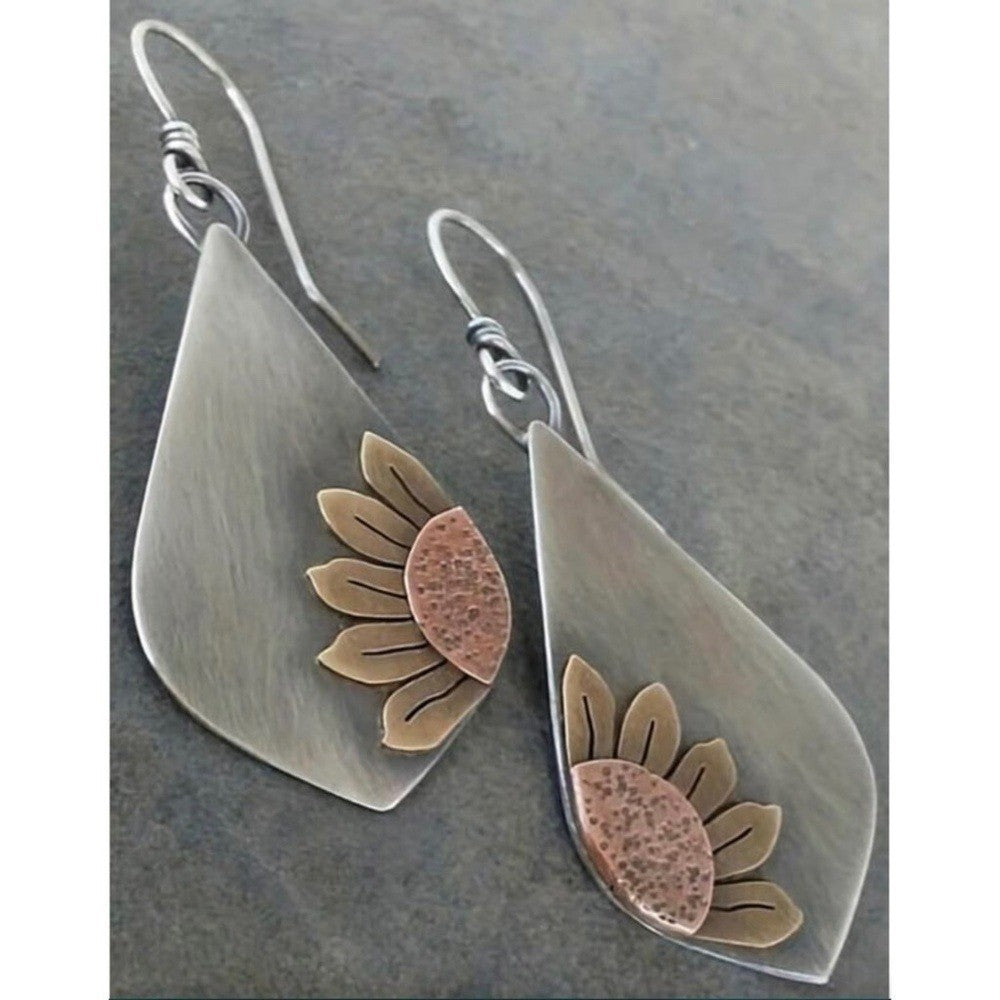 NEW! Boho Silver Retro Sunflower Rhombus Shaped Earrings Dangle Drop Floral