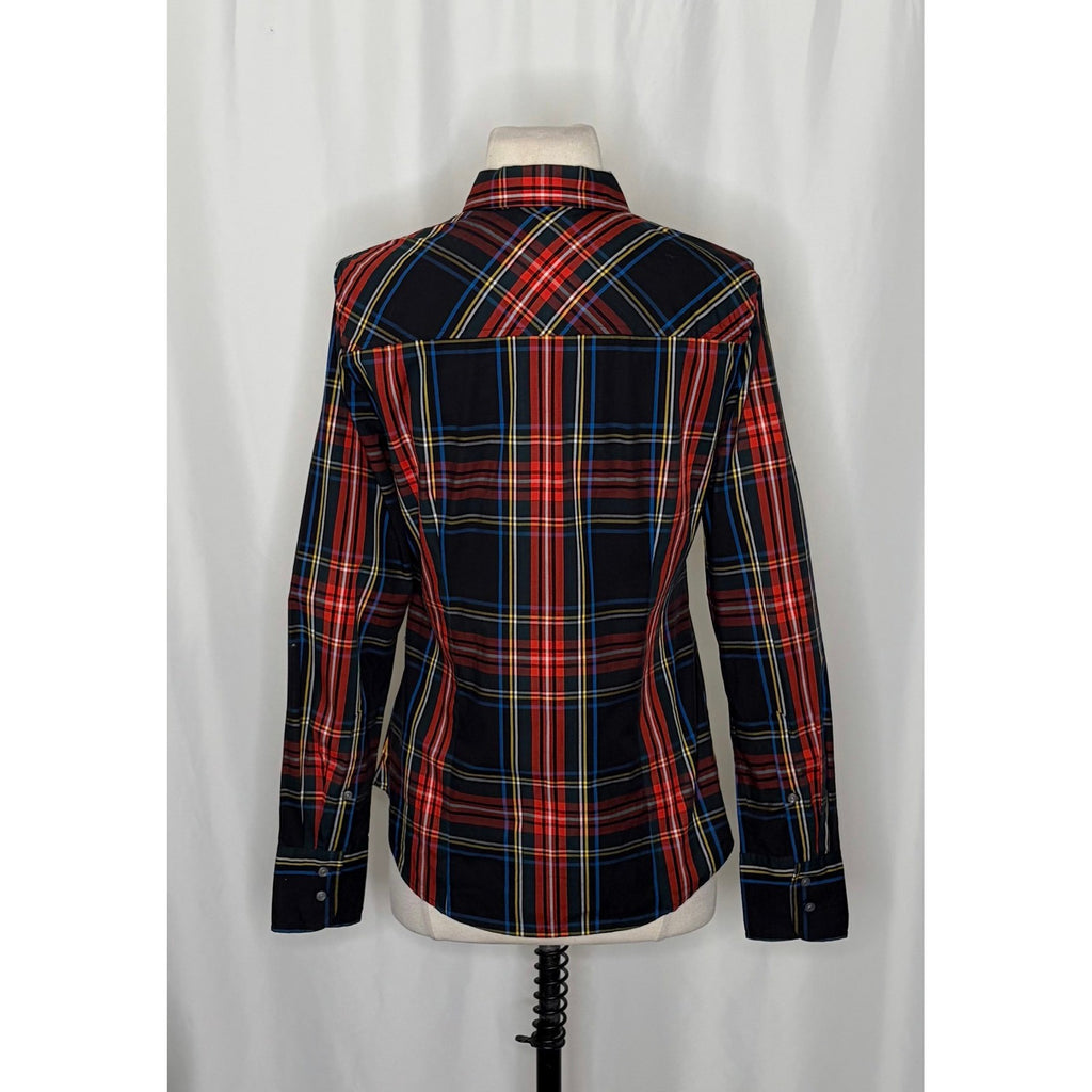 J. CREW Slim Stretch Perfect Shirt Top Black Stewart Tartan Plaid Buttons Size 4