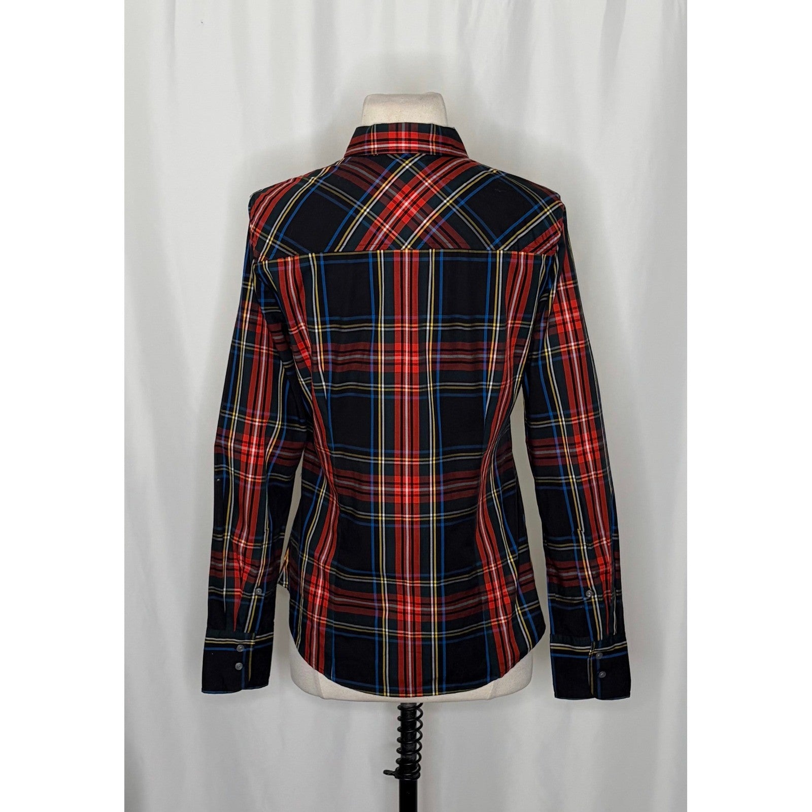 J. CREW Slim Stretch Perfect Shirt Top Black Stewart Tartan Plaid Buttons Size 4