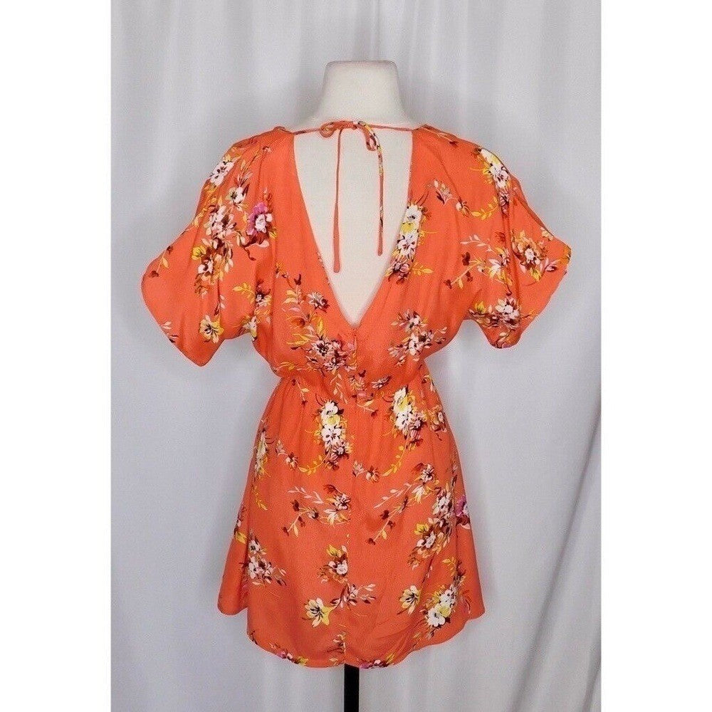 OBEY Pinot Floral Mini Dress Dolman Surplice Coral Pink Orange Boho X-Small