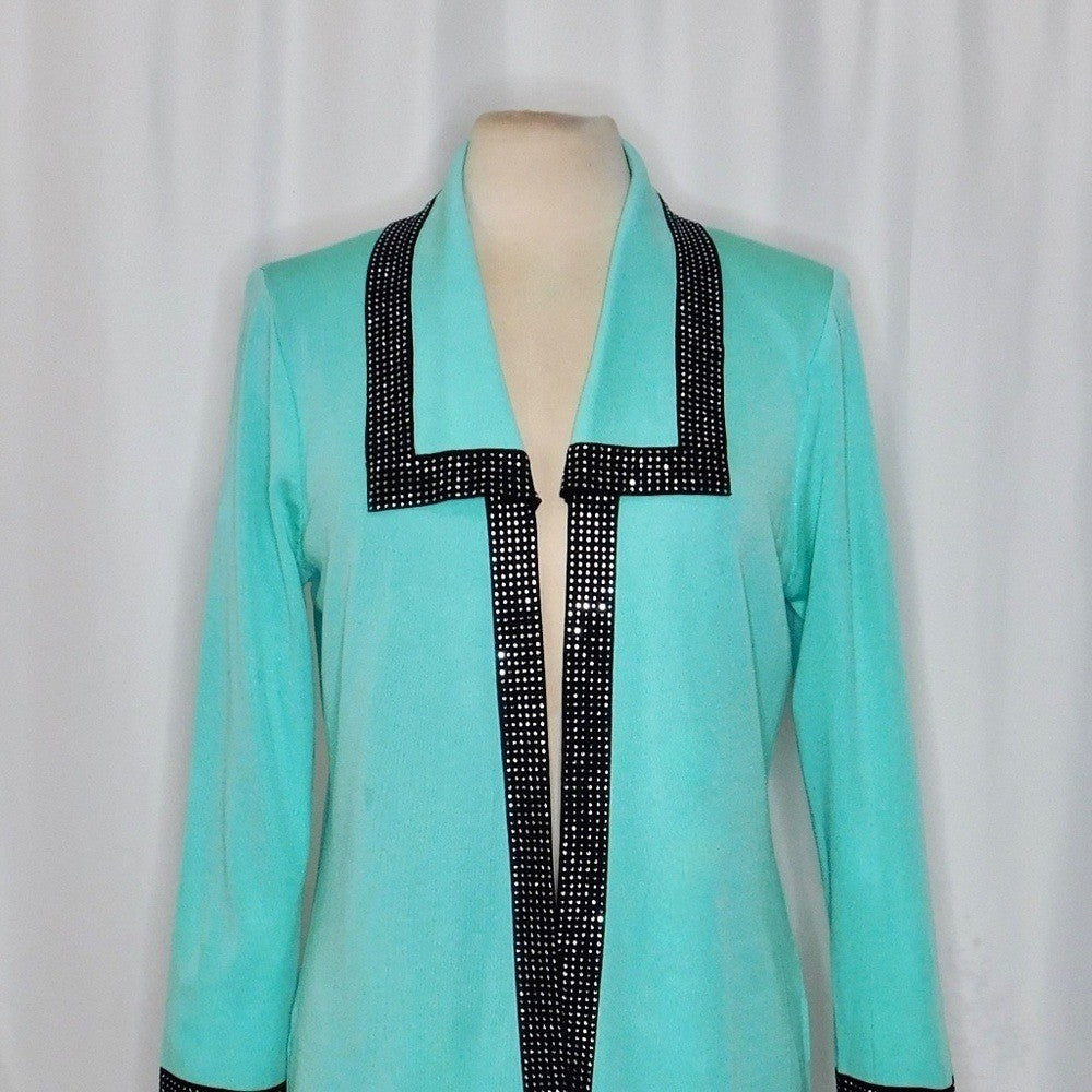 MING WANG Seafoam Green Black Studded Embellished Cardigan Sweater Medium