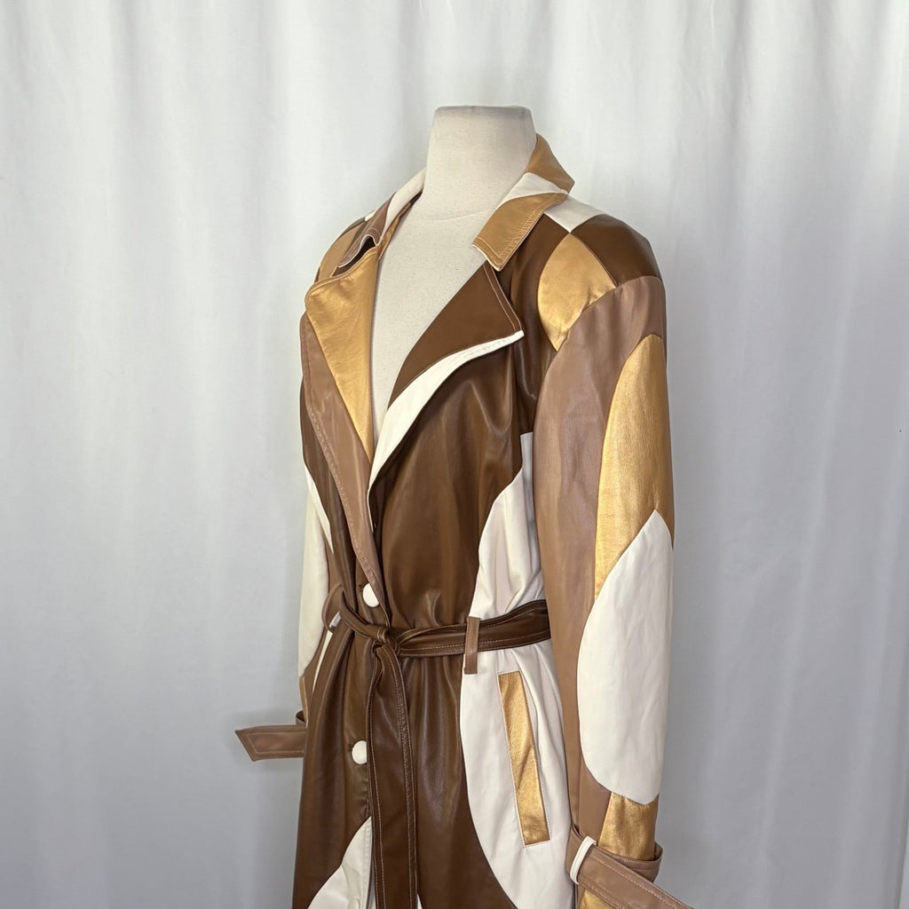 COLIN LOCASCIO Francine Patchwork Trench Coat Vegan Leather Belted Retro Small