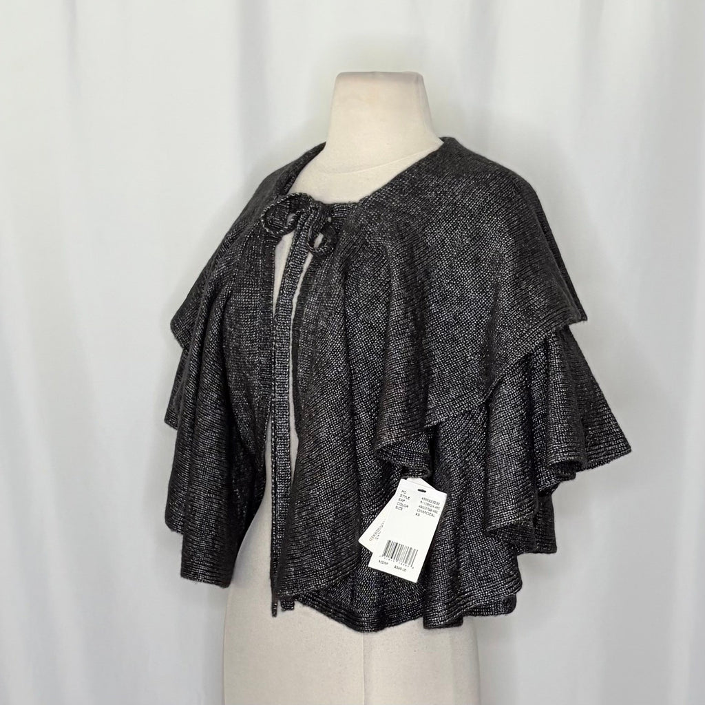 NWT!! ROBERT RODRIGUEZ Wool Blend Charcoal Ruffled Cardigan Cape Sweater X-Small