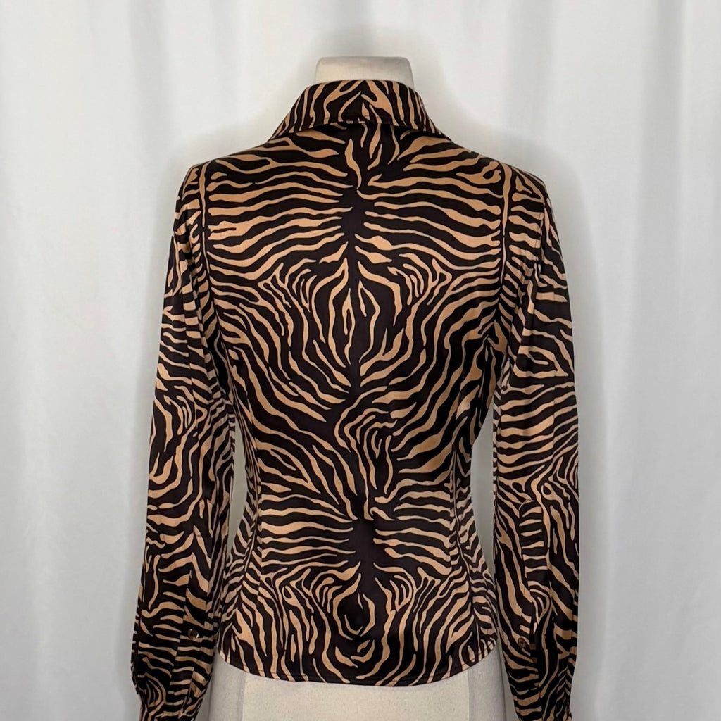 ETCETERA Stretch Silk Buttondown Shirt Blouse Animal Print Brown Tan Size 2