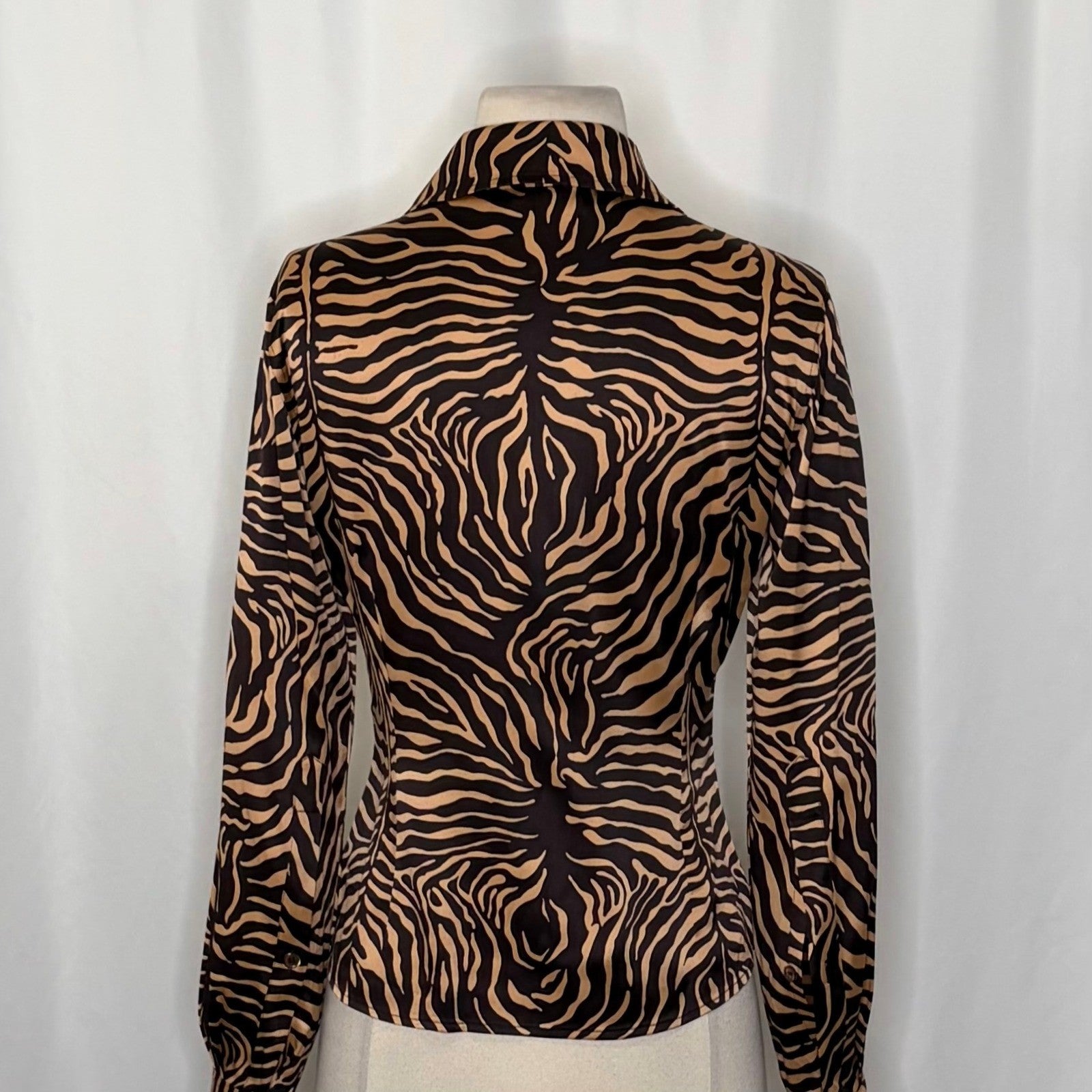 ETCETERA Stretch Silk Buttondown Shirt Blouse Animal Print Brown Tan Size 2