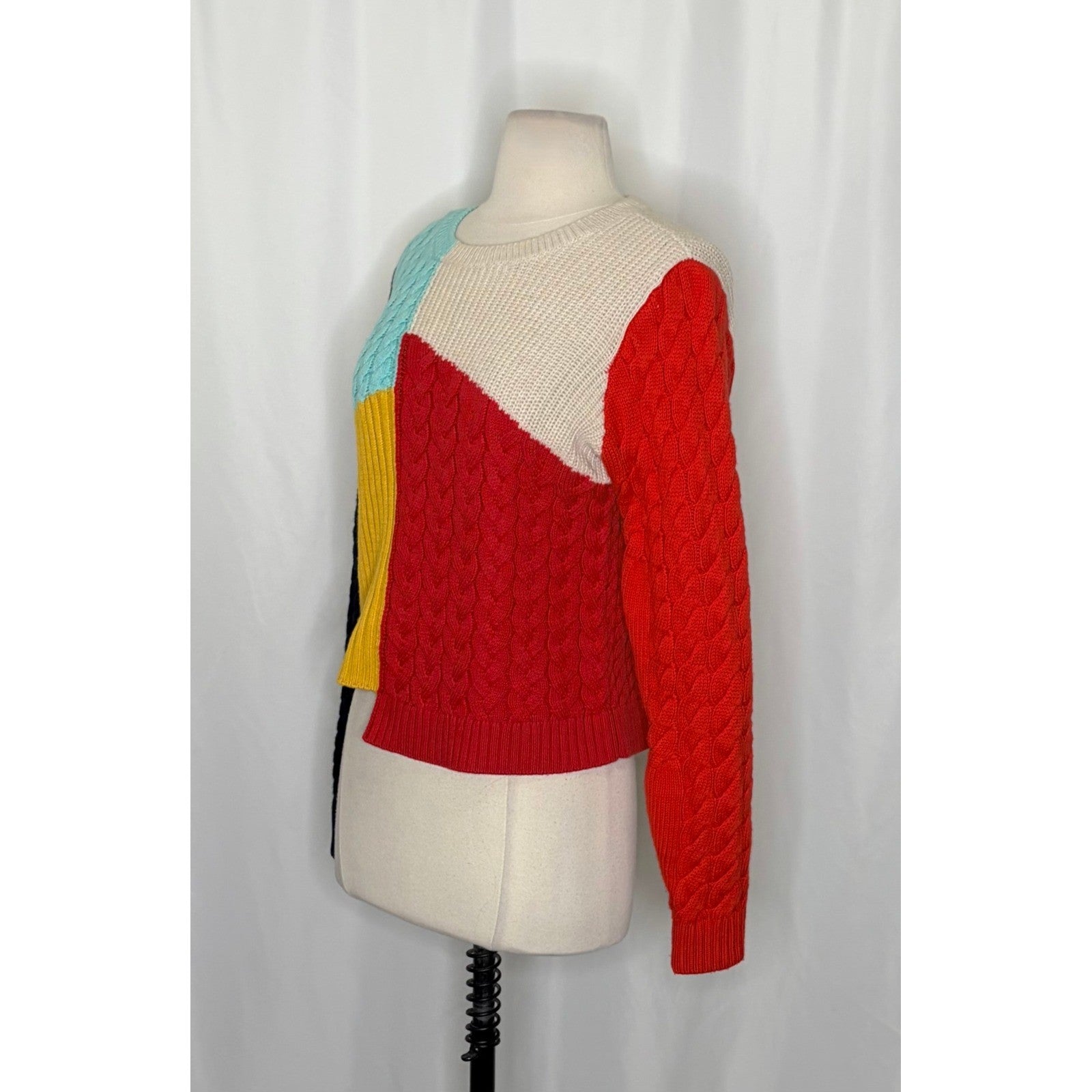 ALICE + OLIVIA Lebell Mixed Knit Cropped Sweater Colorblock Colorful Large
